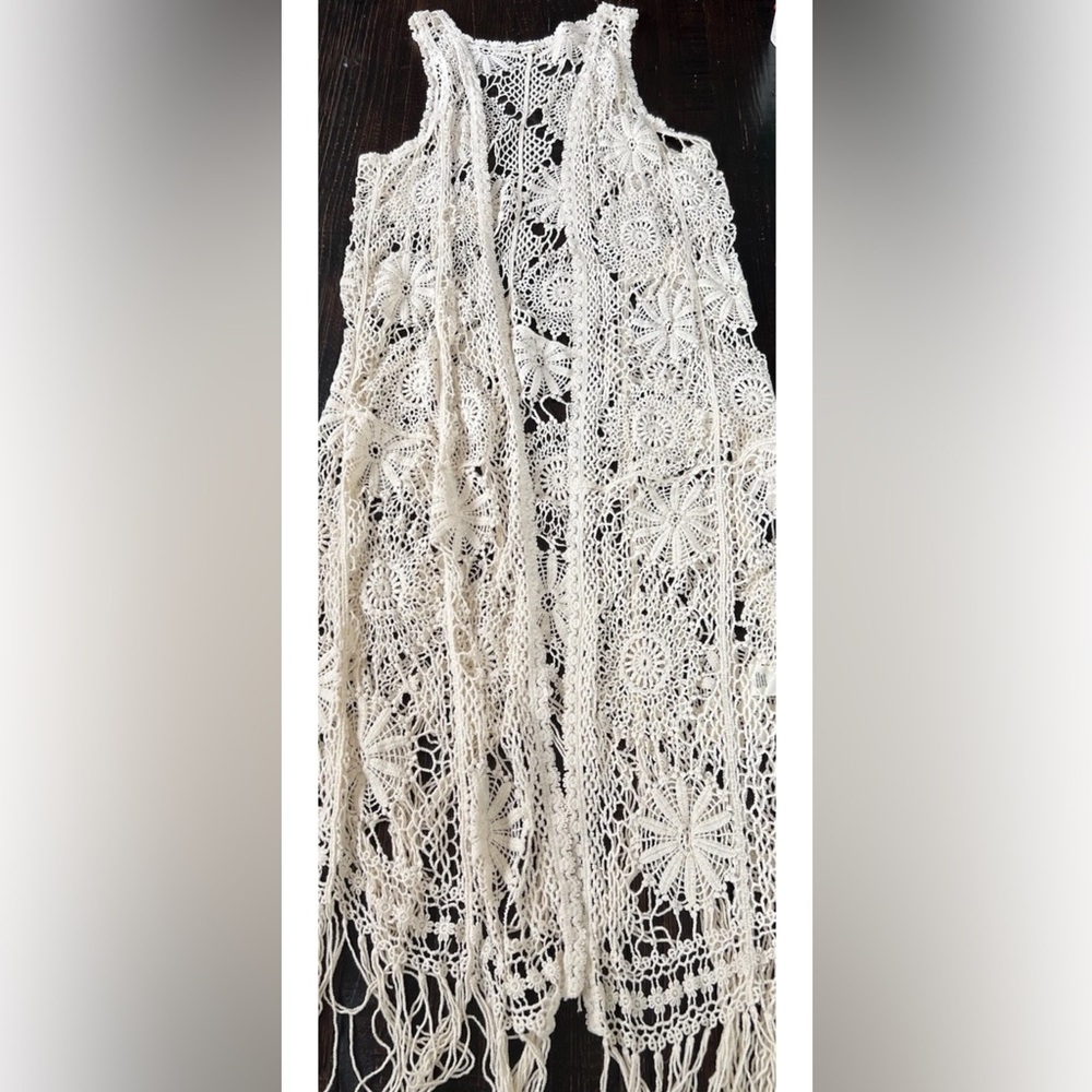 Ultra Pink Floral Crochet Lace Longline Vest Ivory Boho Festival Hippie Sz M